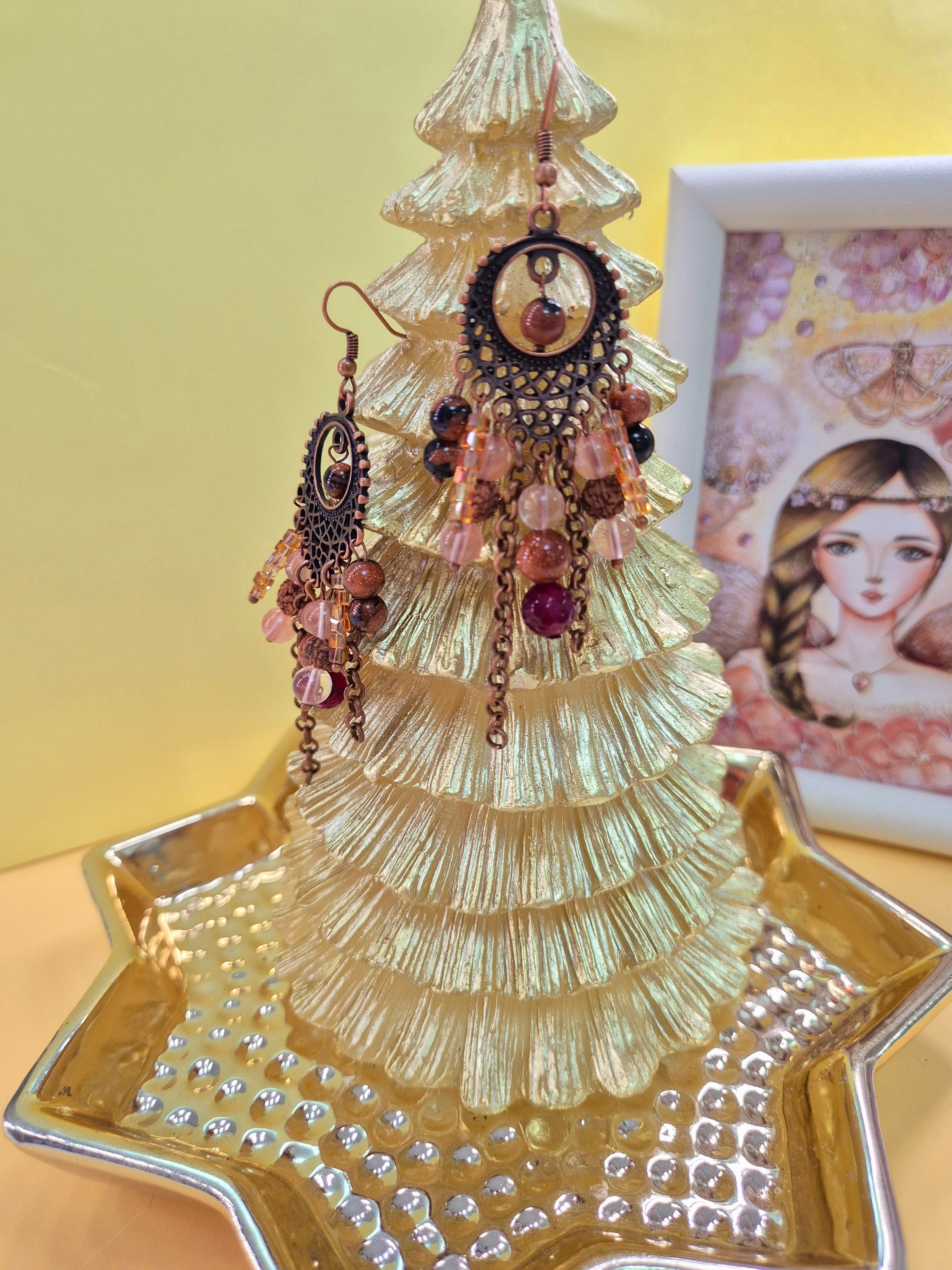 Дълги обеци с рудракша, слънчев камък, черешов кварц и ахат